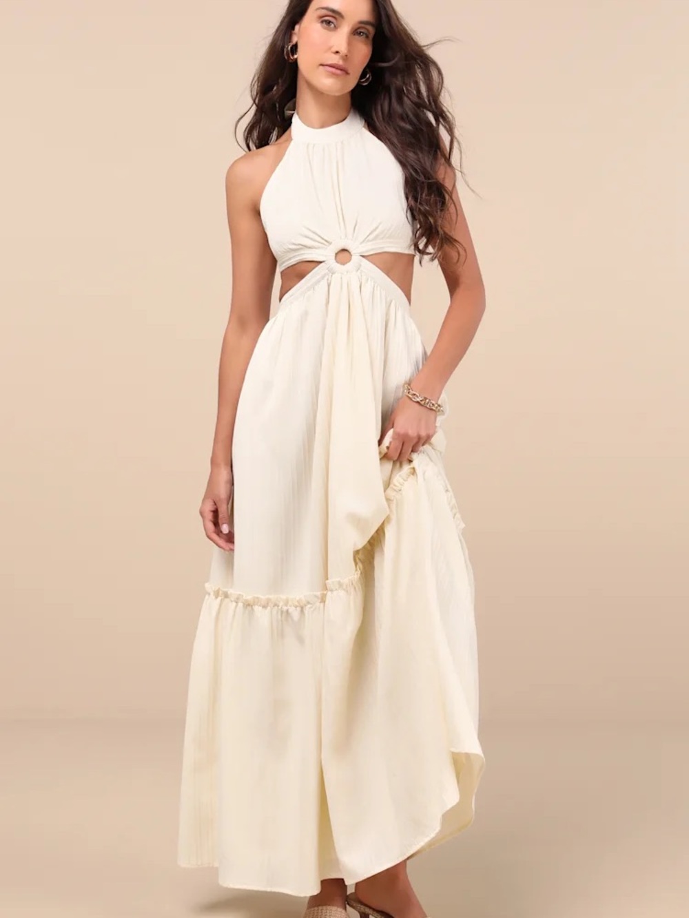 Lulu's Cream Halter Ring-Front Maxi Dress